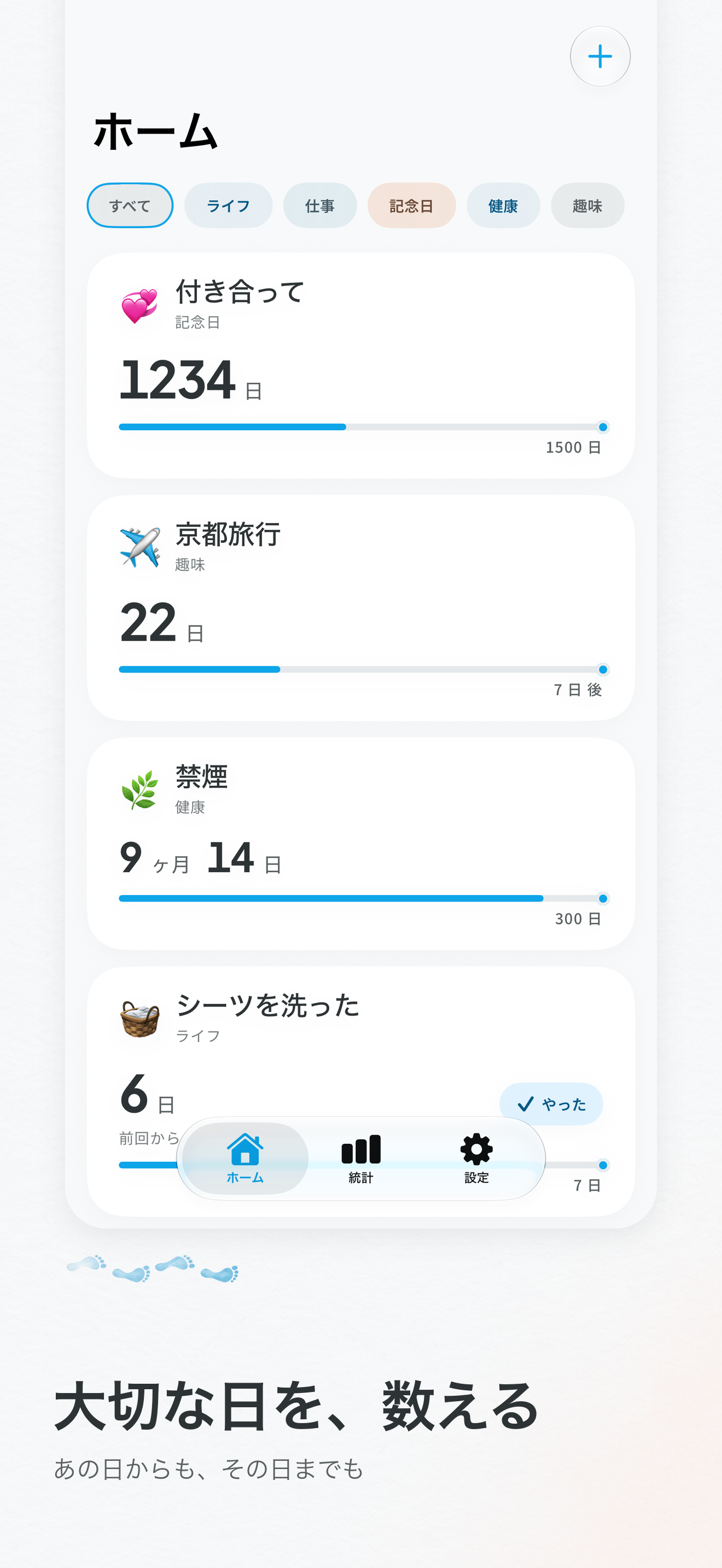 ホーム画面:出来事ごとの日数と次の節目までの進み具合