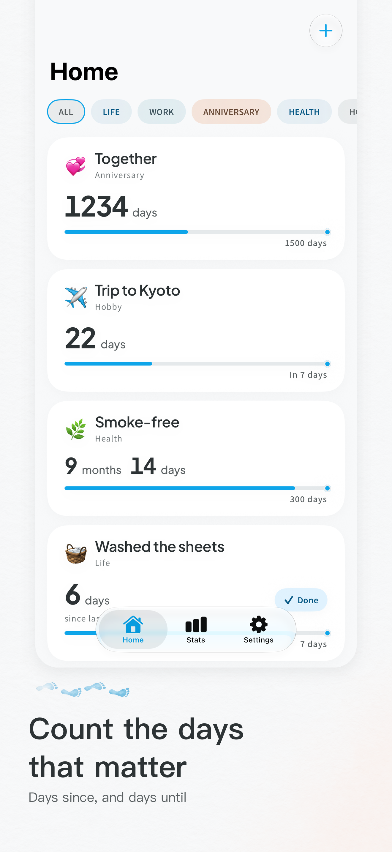 Home: each event with its day count and progress to the next milestone