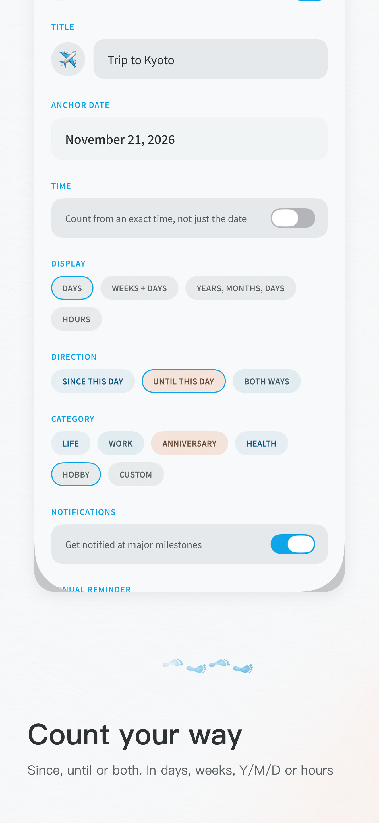 Editing an event: display format, direction, category and notifications