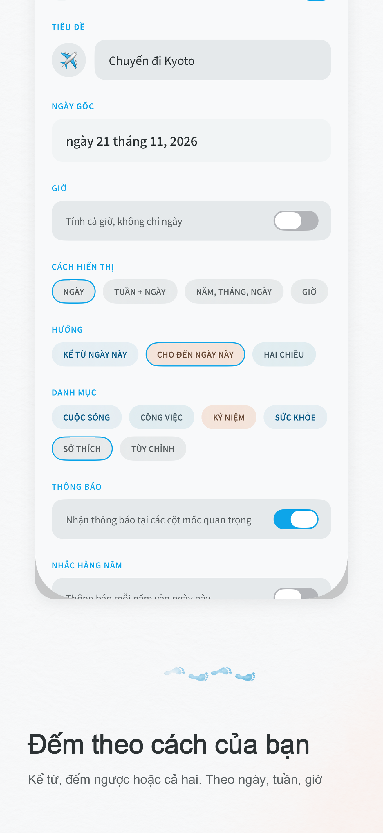 Chỉnh sửa sự kiện: định dạng hiển thị, hướng, danh mục và thông báo