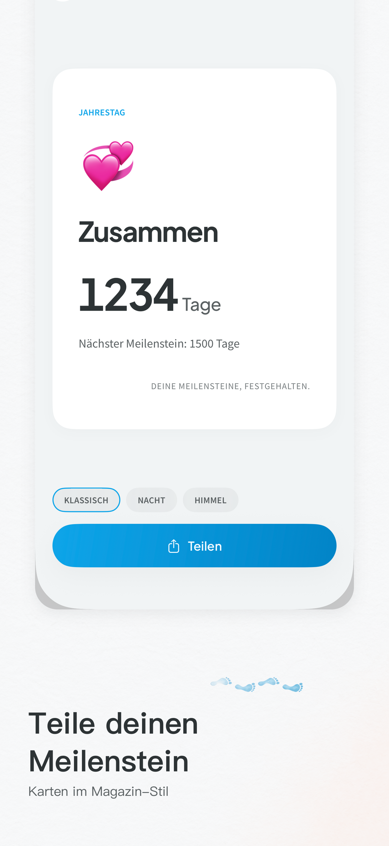 Teilen-Karte mit den Tagen bis zum Meilenstein